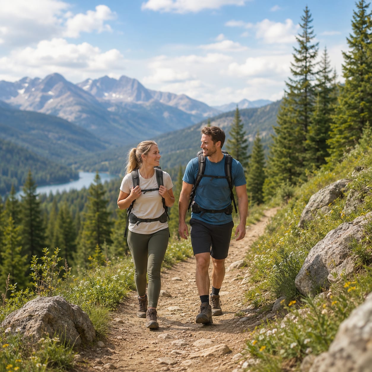 A couple hiking a mountain trail above a forest and lake