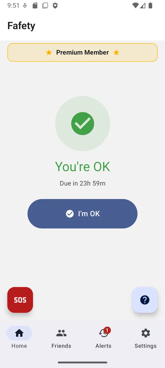 Fafety home screen showing a green You're OK check-in status and the I'm OK button