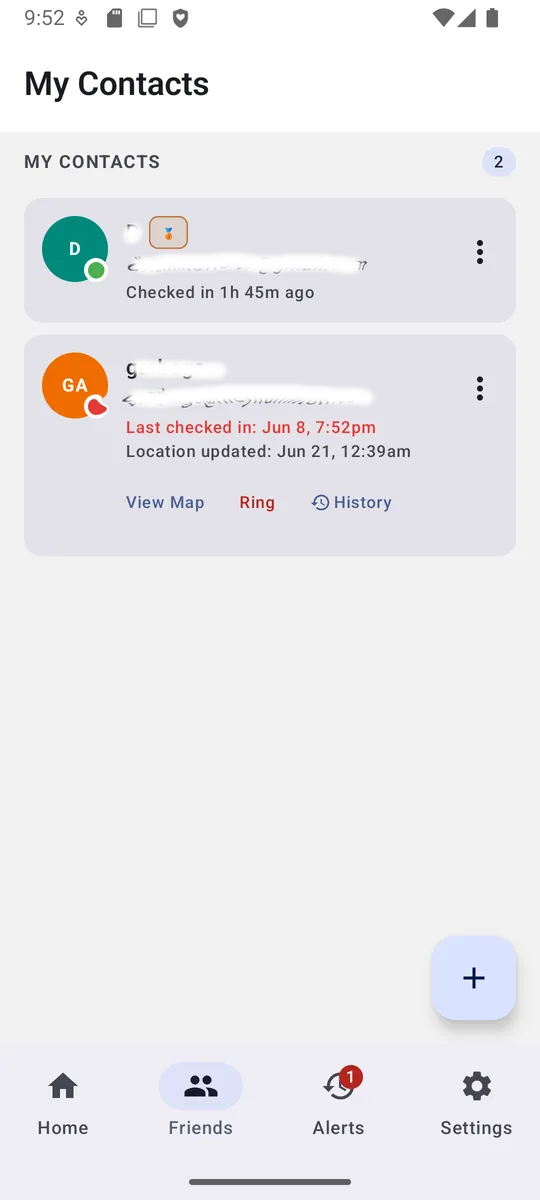 Fafety contacts screen showing each contact's last check-in with options to view location, ring, or see history