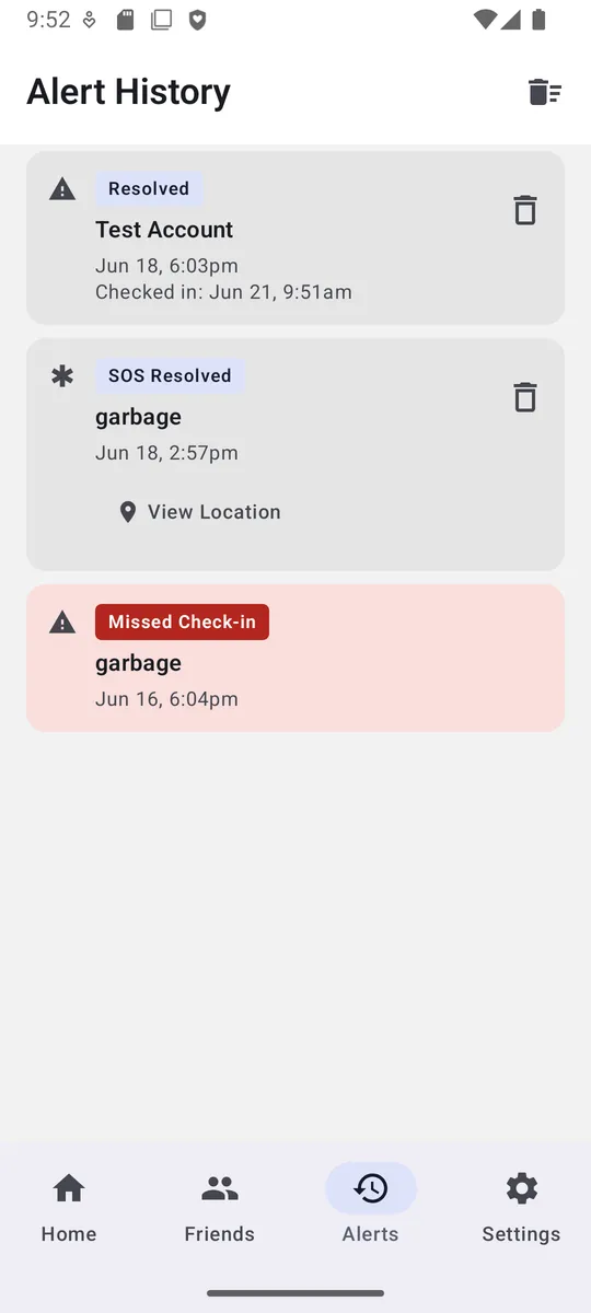Fafety alert history showing resolved check-ins, a resolved SOS, and a missed check-in