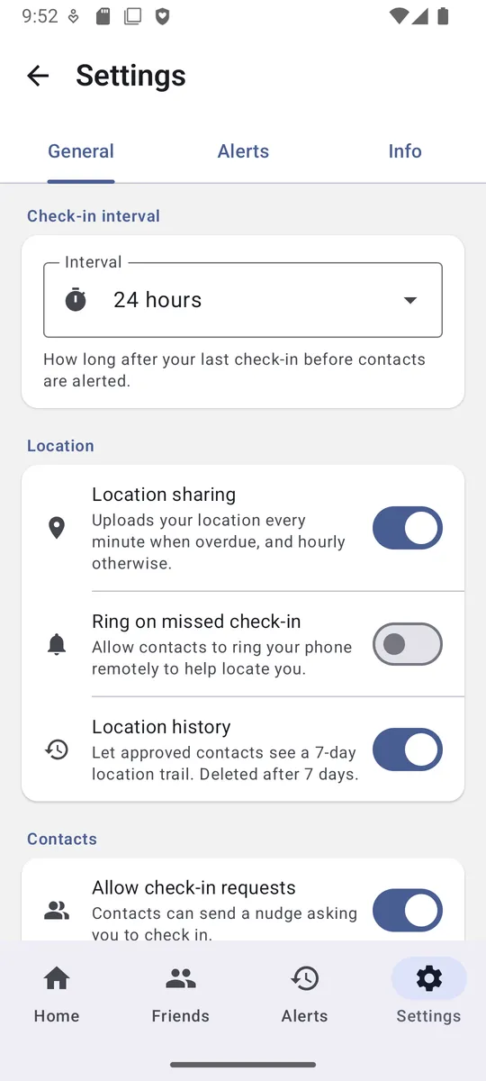 Fafety general settings — check-in interval, location sharing, ring on missed check-in, and location history
