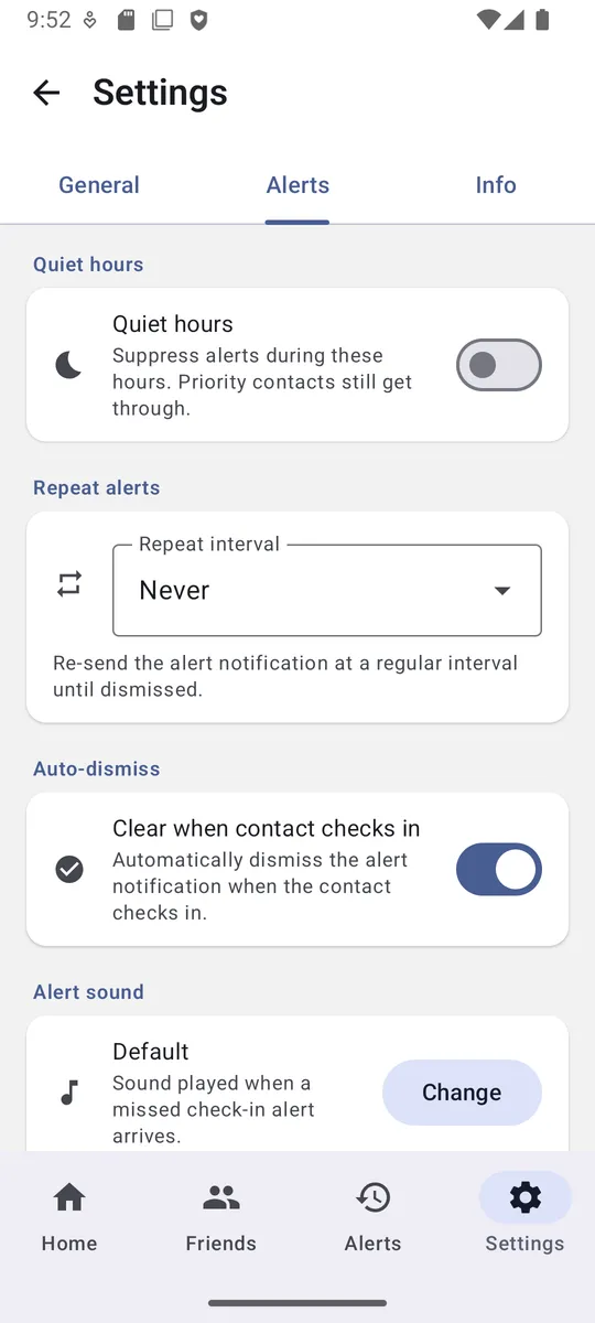 Fafety alert settings — quiet hours, repeat alerts, auto-dismiss, and alert sound